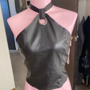 Black Vegan Leather Halter Crop Top